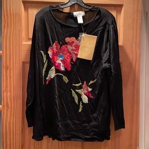 Woman’s Victor Costa NWT Black Blouse With Sequin Floral Design Size 1X